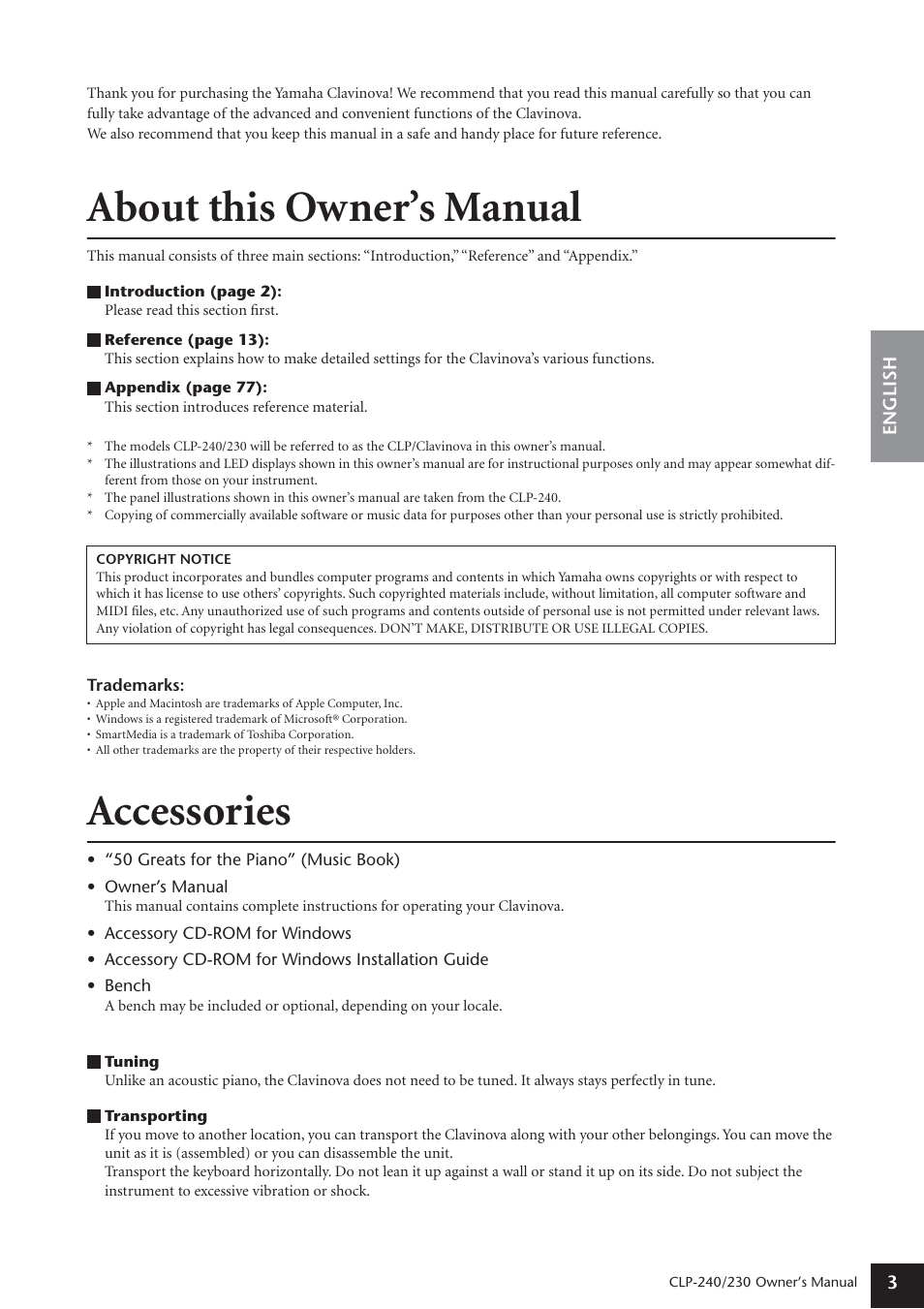 About this owner's manual, Accessories, About this owner’s manual | Yamaha CLP-230 User Manual | Page 3 / 90