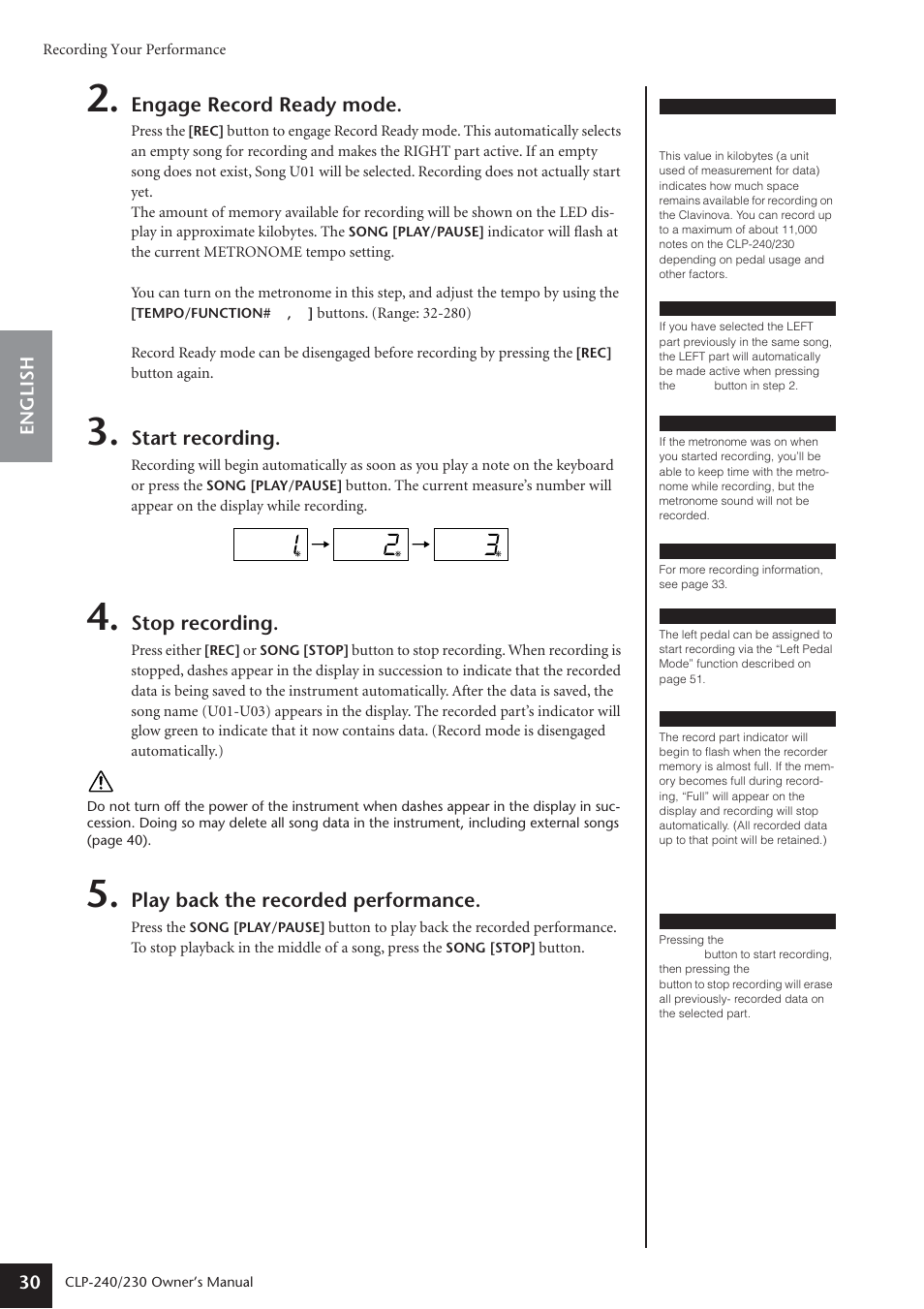 Engage record ready mode, Start recording, Stop recording | Play back the recorded performance | Yamaha CLP-230 User Manual | Page 30 / 90