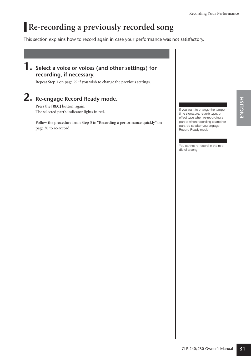 Re-recording a previously recorded song, Procedure | Yamaha CLP-230 User Manual | Page 31 / 90