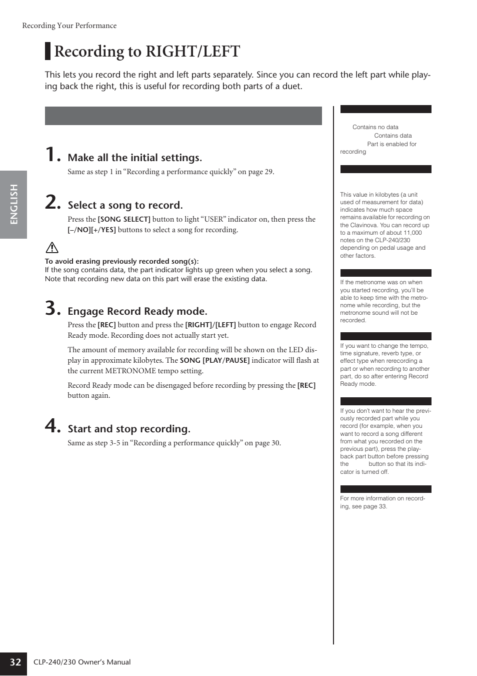 Recording to right/left, Procedure | Yamaha CLP-230 User Manual | Page 32 / 90