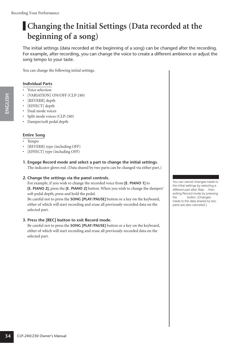 English 34 | Yamaha CLP-230 User Manual | Page 34 / 90