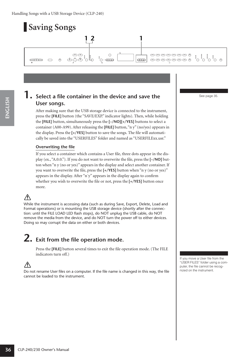 Saving songs, 11 2 procedure, Exit from the file operation mode | English 36, Handling songs with a usb storage device (clp-240), Button, simultaneously press the, Button once more. caution, Press the, Owner’s manual, File | Yamaha CLP-230 User Manual | Page 36 / 90