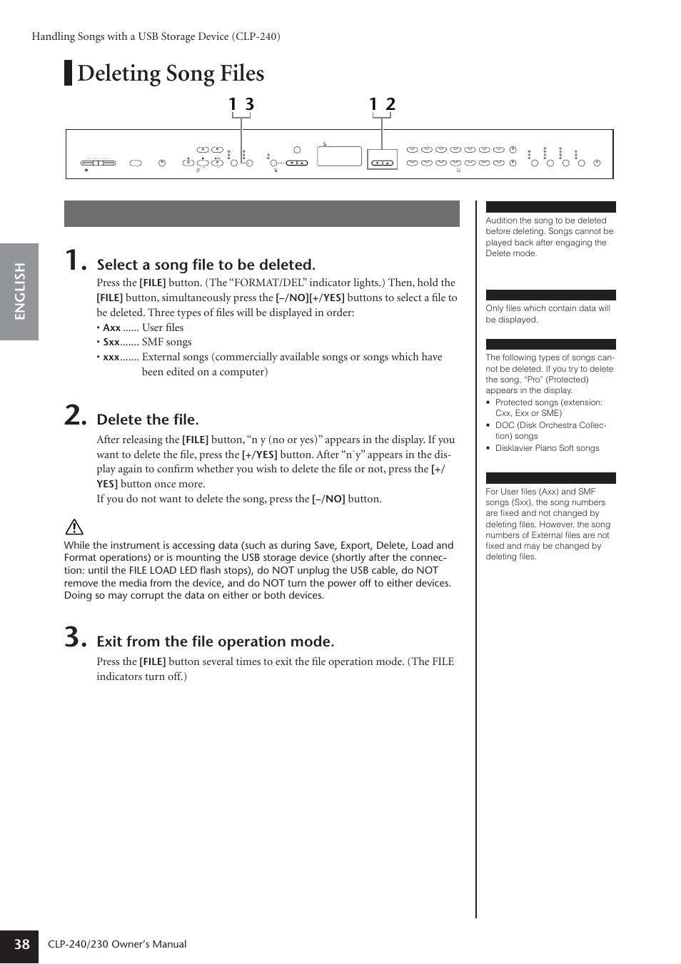 Deleting song files, Procedure, Select a song file to be deleted | Delete the file, Exit from the file operation mode, English 38, Handling songs with a usb storage device (clp-240), Press the, Button, simultaneously press the, User files | Yamaha CLP-230 User Manual | Page 38 / 90