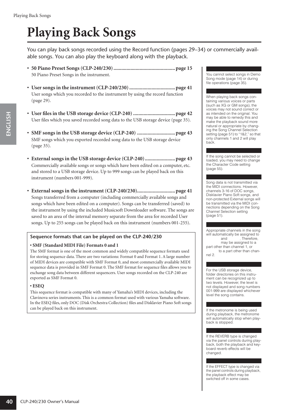 Playing back songs, English 40 | Yamaha CLP-230 User Manual | Page 40 / 90