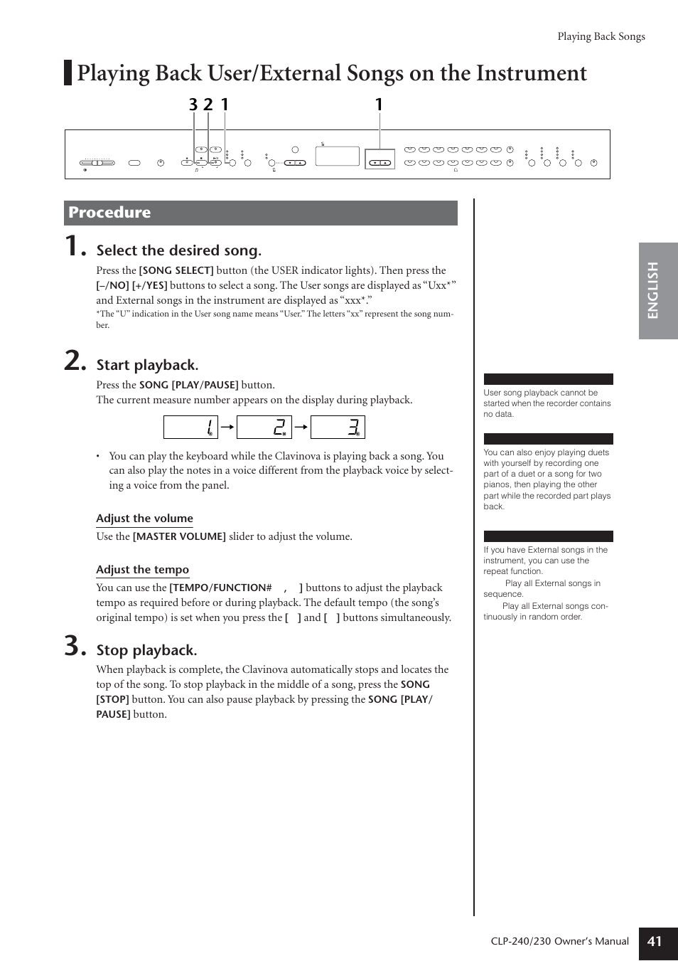 Playing back user/external songs on the instrument, Procedure, Select the desired song | Start playback, Stop playback, English 41, Playing back songs, Press the, Button (the user indicator lights). then press the, Buttons simultaneously | Yamaha CLP-230 User Manual | Page 41 / 90