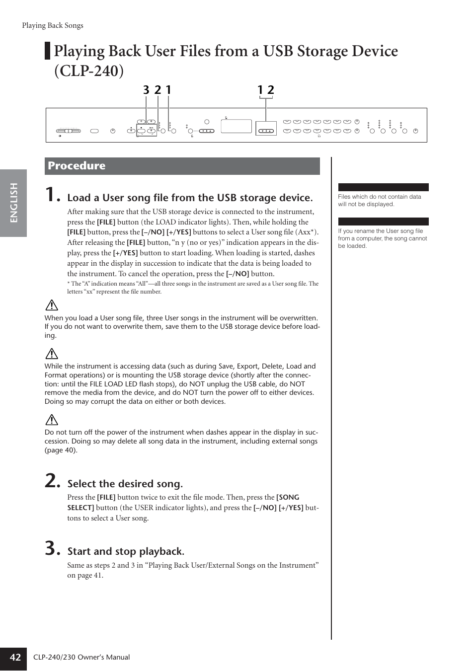 Procedure, Load a user song file from the usb storage device, Select the desired song | Start and stop playback, English 42, Playing back songs, Button, press the, Button, Caution, Press the | Yamaha CLP-230 User Manual | Page 42 / 90