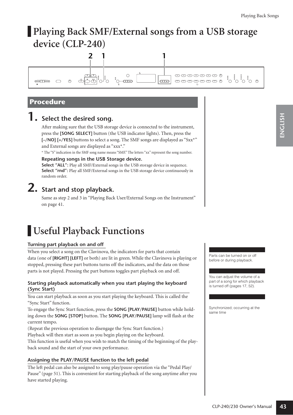 Useful playback functions, Procedure, Select the desired song | Start and stop playback, English 43, Playing back songs, Button (the usb indicator lights). then, press the, Repeating songs in the usb storage device, Button while hold- ing down the, Button. the | Yamaha CLP-230 User Manual | Page 43 / 90