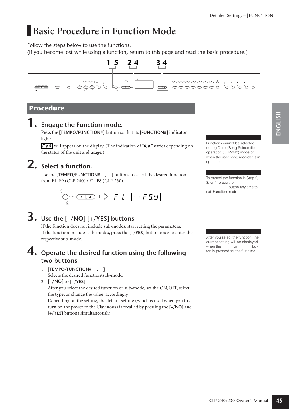 Basic procedure in function mode, Procedure, Engage the function mode | Select a function, Use the [–/no] [+/yes] buttons, English 45, Detailed settings – [function, Press the, Button so that its, Use the | Yamaha CLP-230 User Manual | Page 45 / 90