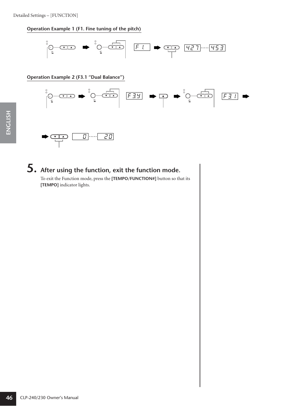 After using the function, exit the function mode, English 46, Detailed settings – [function | Button so that its, Indicator lights | Yamaha CLP-230 User Manual | Page 46 / 90