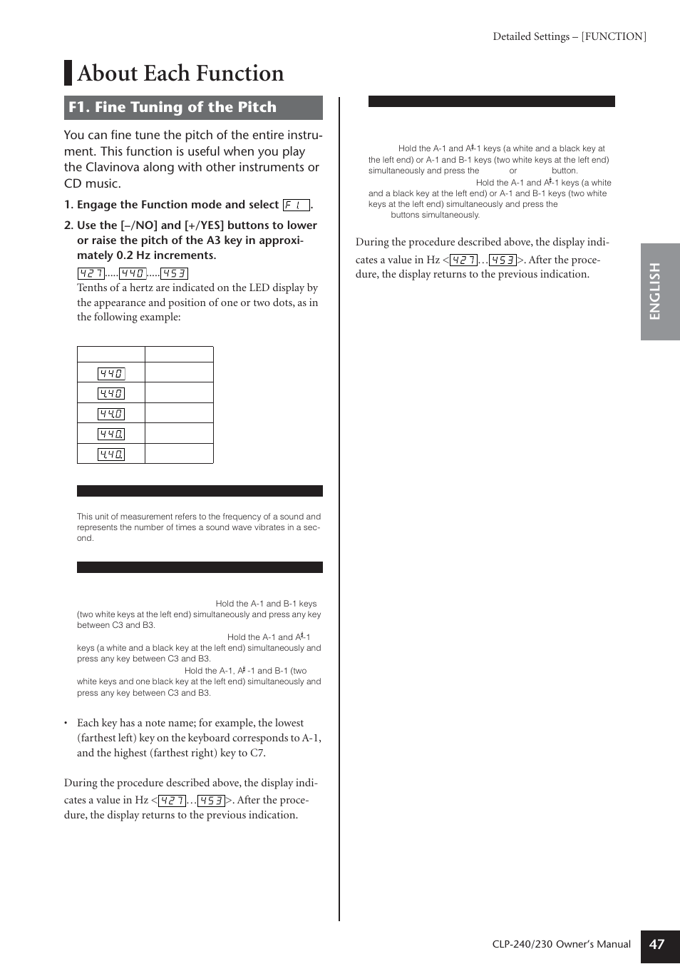 About each function, F1. fine tuning of the pitch, About each function f1. fine tuning of the pitch | English 47 | Yamaha CLP-230 User Manual | Page 47 / 90