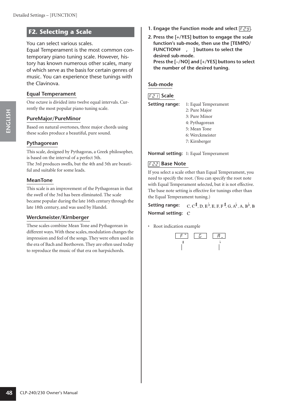 F2. selecting a scale | Yamaha CLP-230 User Manual | Page 48 / 90