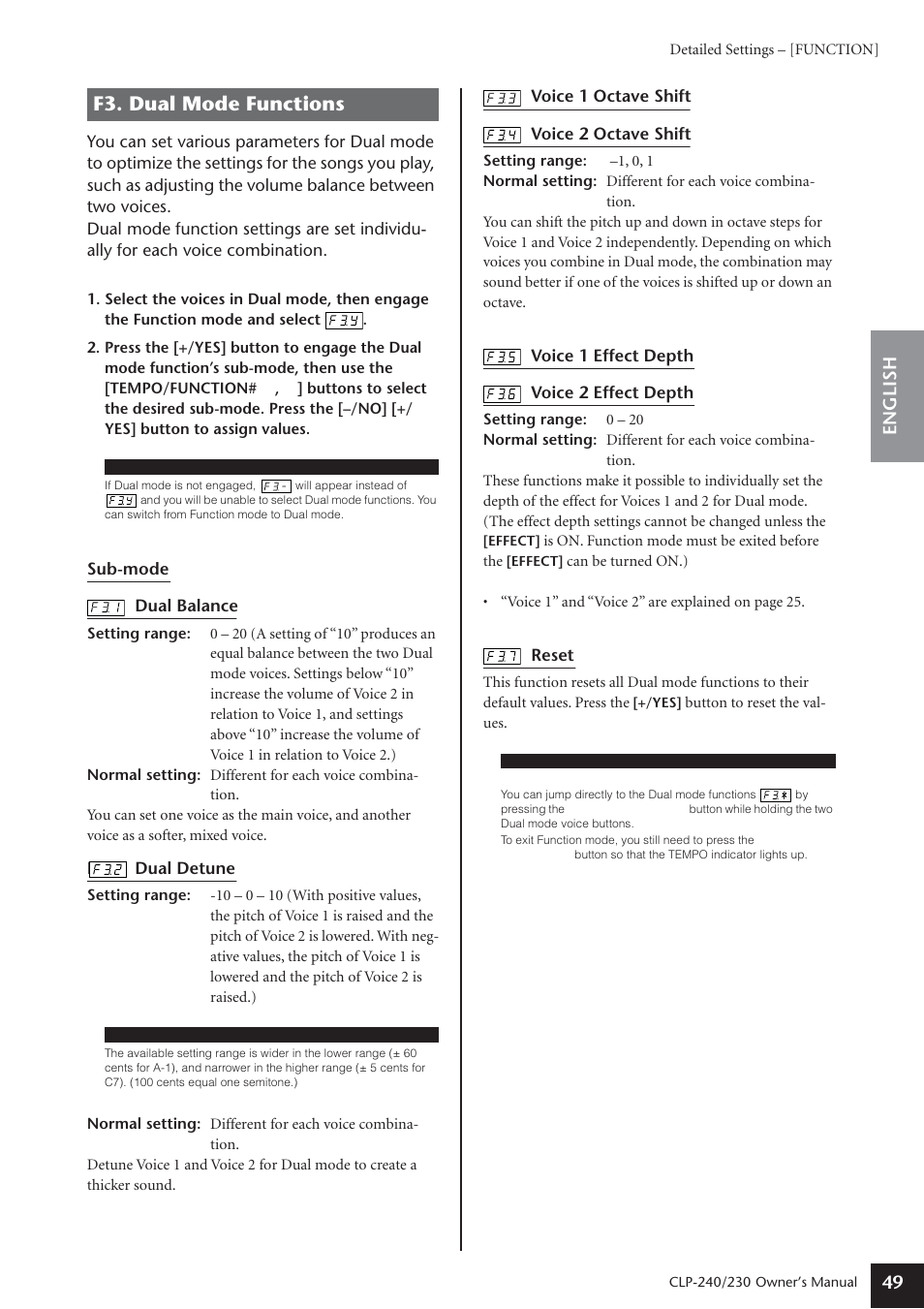 F3. dual mode functions, English 49 | Yamaha CLP-230 User Manual | Page 49 / 90