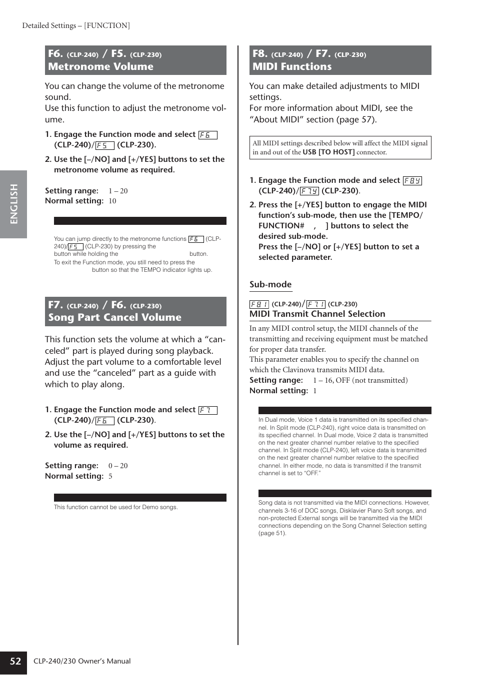 F6. (clp, F7. (clp, F8. (clp | Metronome volume, Song part cancel volume, Midi functions, English 52 | Yamaha CLP-230 User Manual | Page 52 / 90
