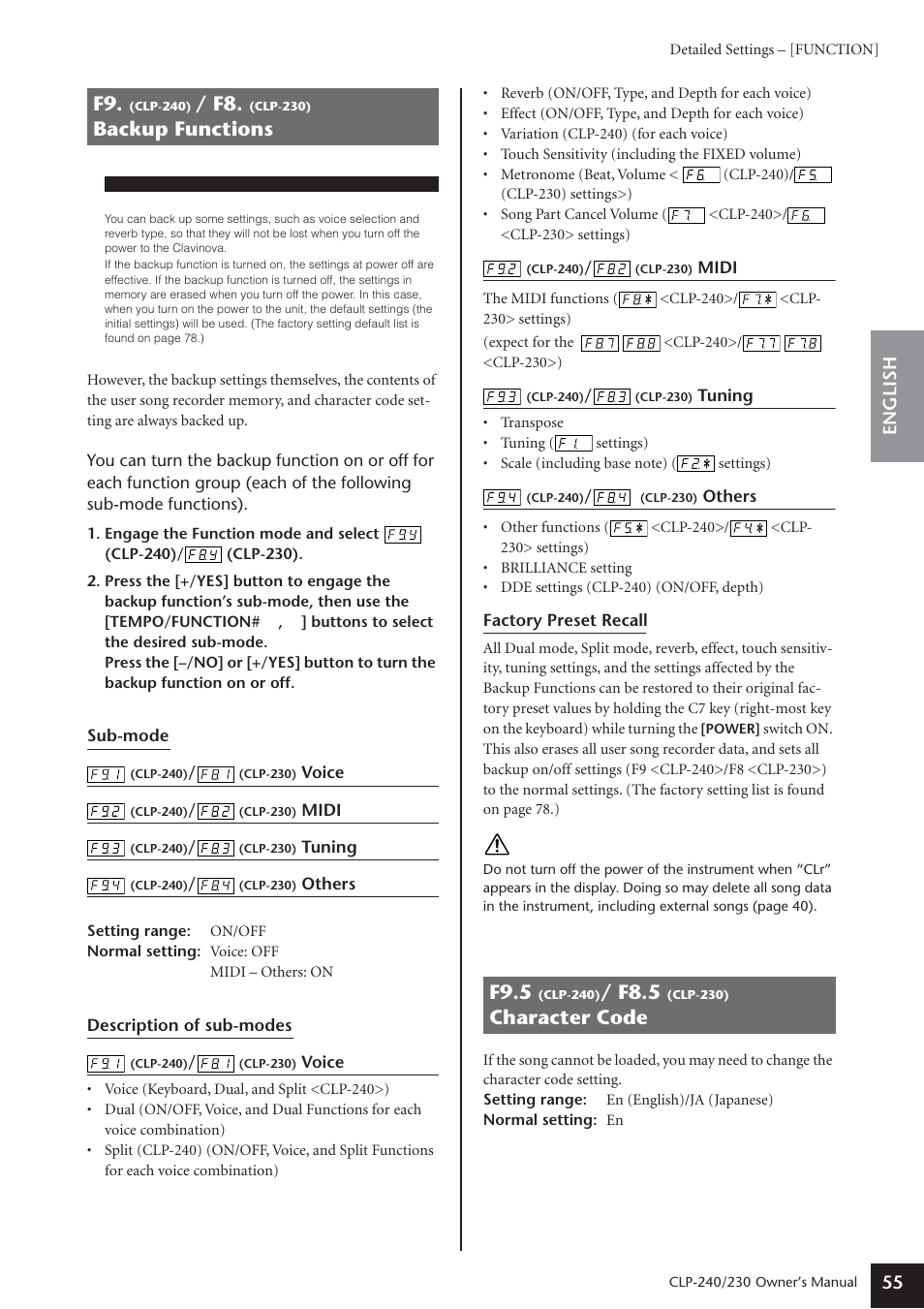 F9. (clp, F9.5 (clp, Backup functions | F9.5, F8.5, Character code | Yamaha CLP-230 User Manual | Page 55 / 90