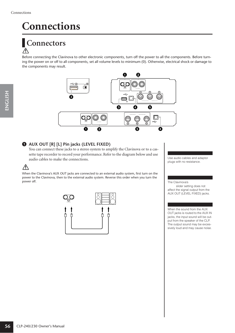 Connections, Connectors, English 56 | 1 aux out [r] [l] pin jacks (level fixed), Caution | Yamaha CLP-230 User Manual | Page 56 / 90