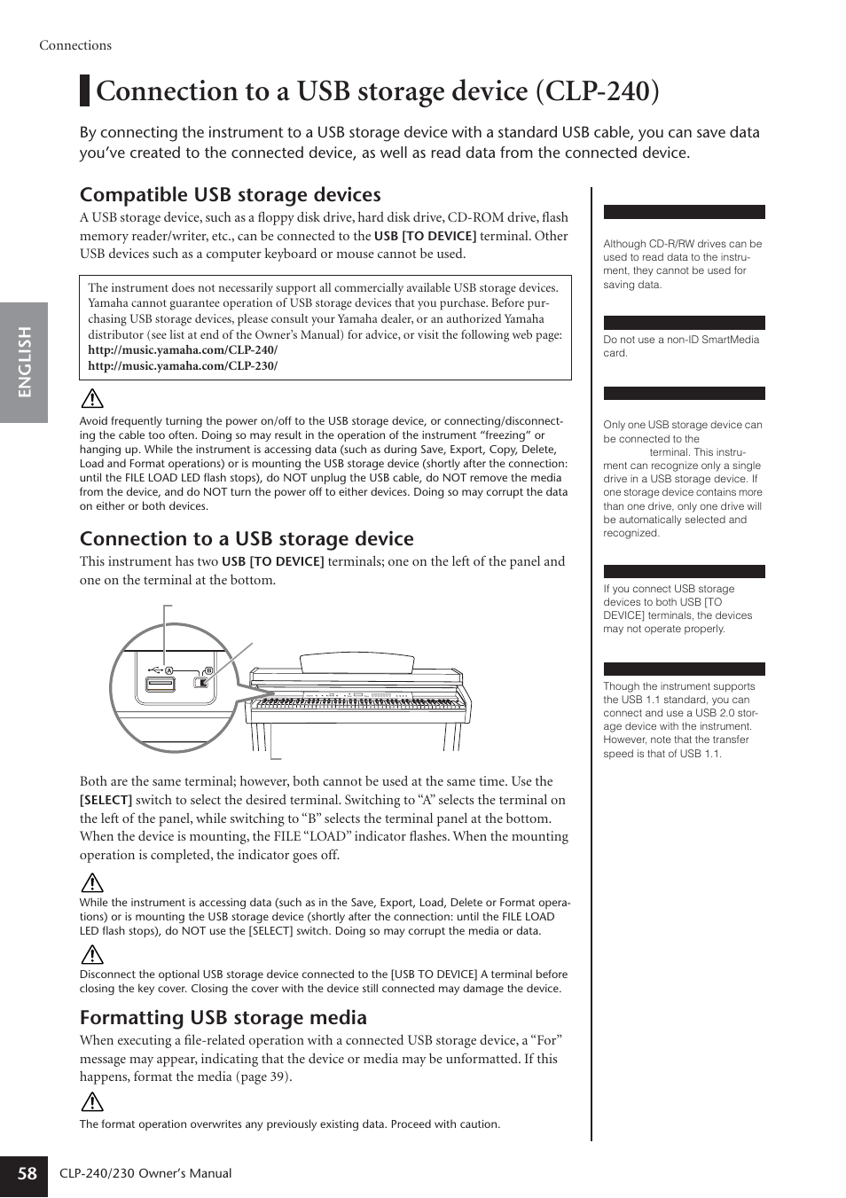 Connection to a usb storage device (clp-240), Compatible usb storage devices, Connection to a usb storage device | Formatting usb storage media, English 58 | Yamaha CLP-230 User Manual | Page 58 / 90