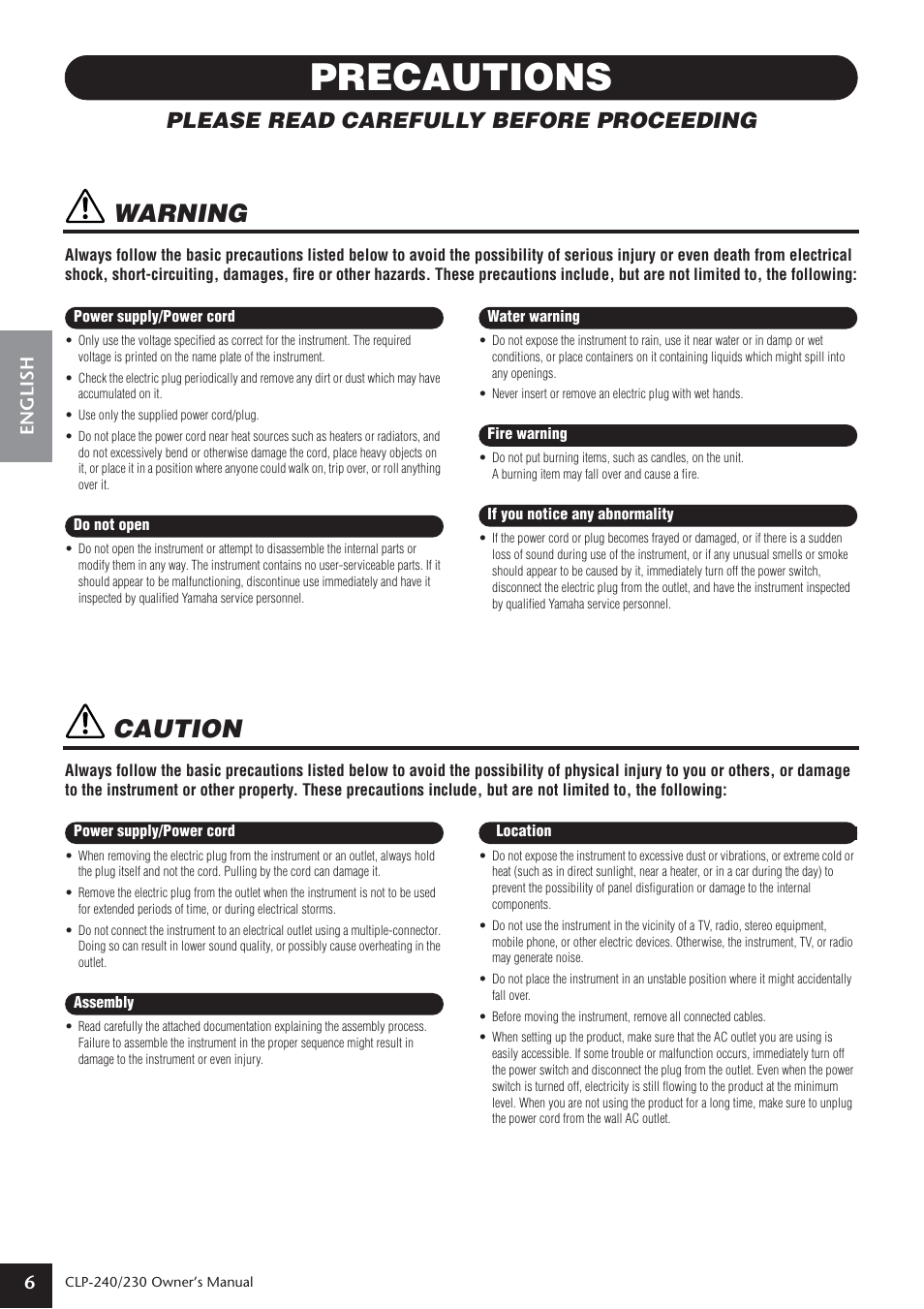 Precautions, Warning, Caution | Please read carefully before proceeding, English 6 | Yamaha CLP-230 User Manual | Page 6 / 90