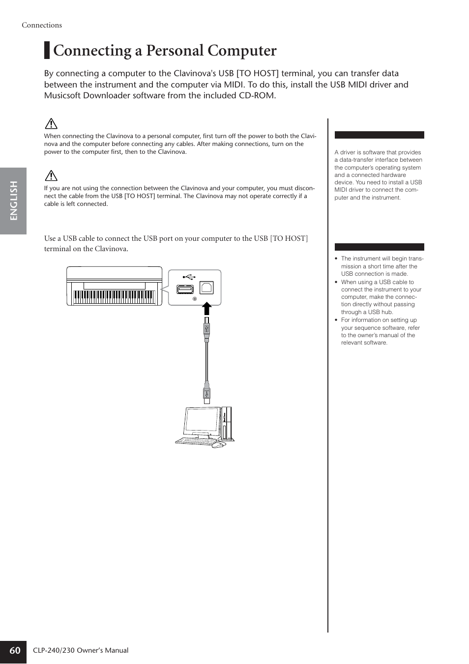 Connecting a personal computer, English 60 | Yamaha CLP-230 User Manual | Page 60 / 90