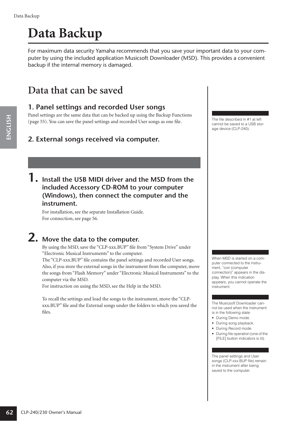 Data backup, Data that can be saved, Procedure | Panel settings and recorded user songs, External songs received via computer | Yamaha CLP-230 User Manual | Page 62 / 90