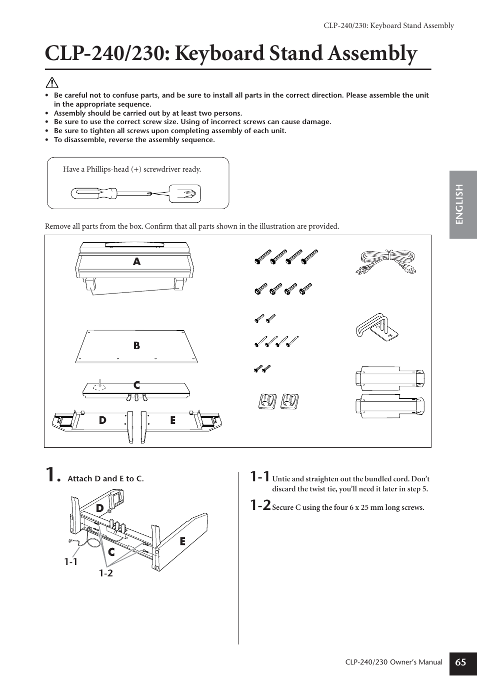 Clp-240/230: keyboard stand assembly | Yamaha CLP-230 User Manual | Page 65 / 90
