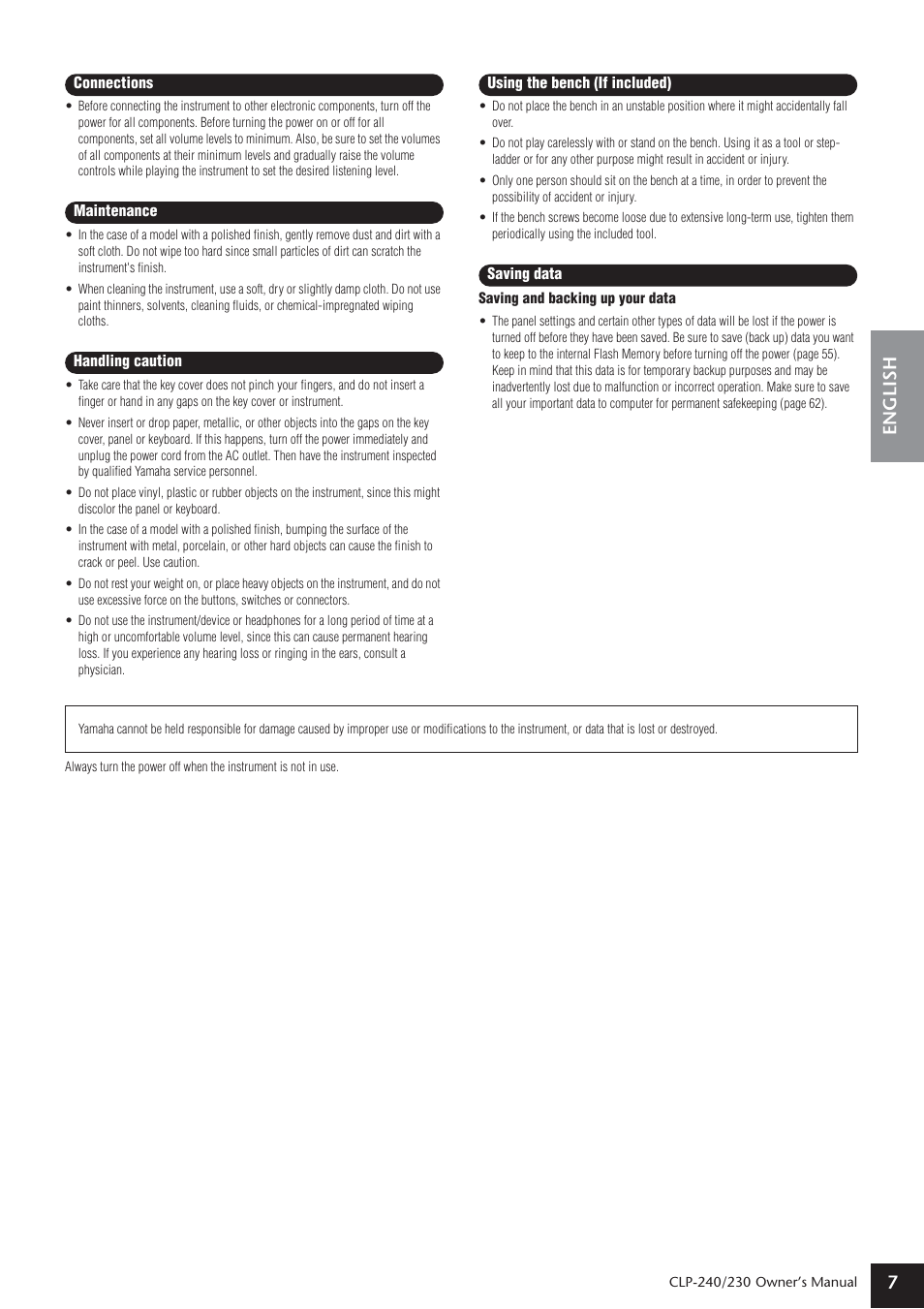 English 7 | Yamaha CLP-230 User Manual | Page 7 / 90