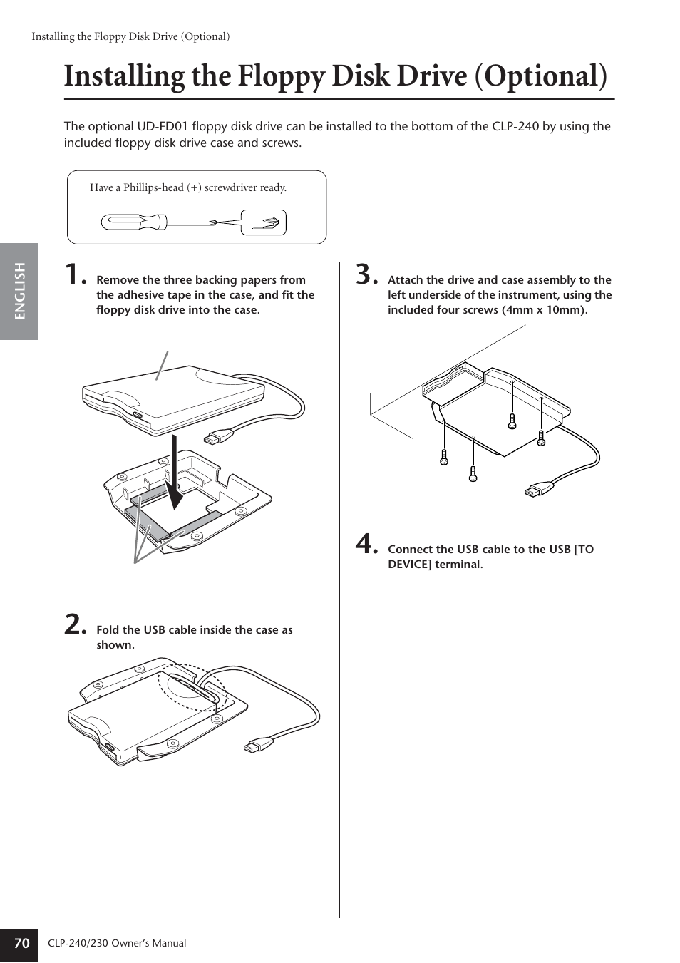 Installing the floppy disk drive (optional) | Yamaha CLP-230 User Manual | Page 70 / 90