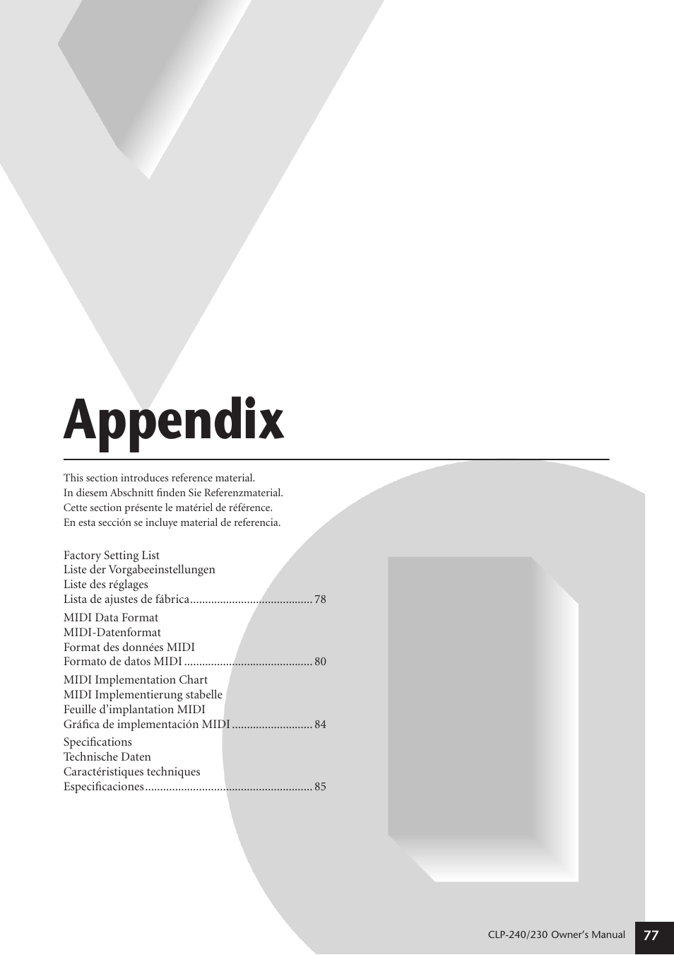 Appendix | Yamaha CLP-230 User Manual | Page 77 / 90