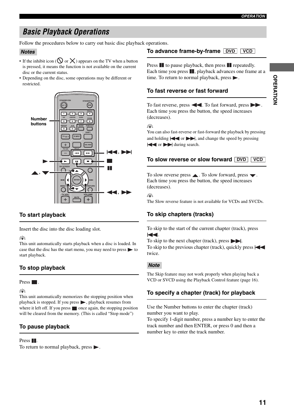 Basic playback operations, Insert the disc into the disc loading slot. y, Press . y | Press . to return to normal playback, press | Yamaha DVD-S30 User Manual | Page 15 / 35