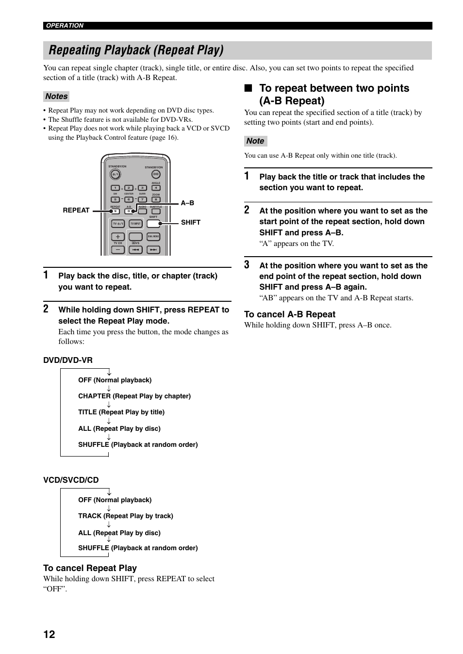 Repeating playback (repeat play), To repeat between two points (a-b repeat), To repeat between two points | A-b repeat), Vcd/svcd/cd, While holding down shift, press a–b once | Yamaha DVD-S30 User Manual | Page 16 / 35