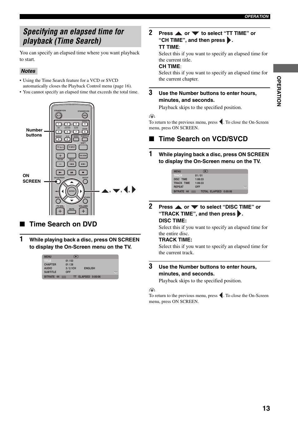 Time search on dvd, Time search on vcd/svcd, Specifying an elapsed time for playback | Time search), Time search on dvd time search on vcd/svcd, Time search on dvd 1, Time search on vcd/svcd 1 | Yamaha DVD-S30 User Manual | Page 17 / 35