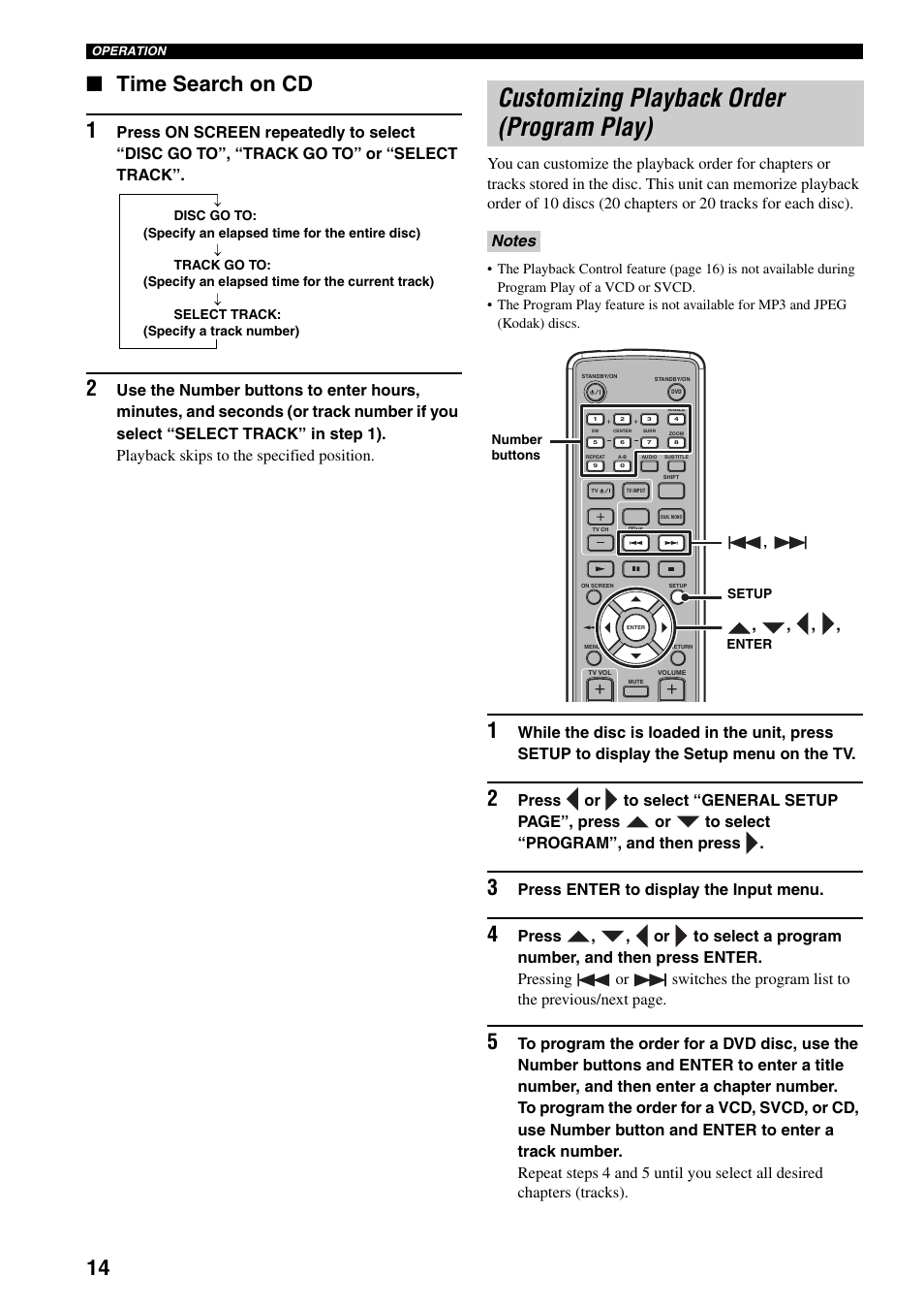 Time search on cd, Customizing playback order (program play), Customizing playback order | Program play), 14 ■ time search on cd 1, Press enter to display the input menu | Yamaha DVD-S30 User Manual | Page 18 / 35