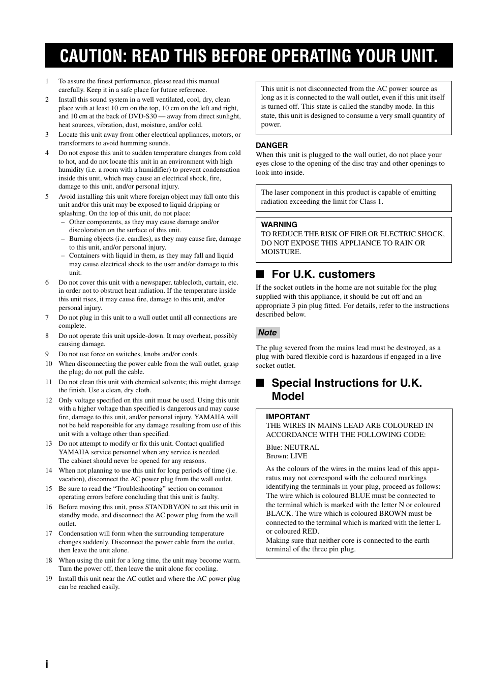 Caution: read this before operating your unit, For u.k. customers, Special instructions for u.k. model | Yamaha DVD-S30 User Manual | Page 2 / 35