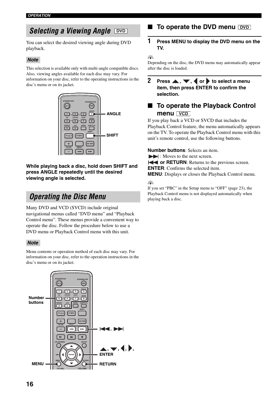 Selecting a viewing angle, Operating the disc menu, To operate the dvd menu | To operate the playback control menu, Selecting a viewing angle operating the disc menu, Press menu to display the dvd menu on the tv. y, Dvd vcd | Yamaha DVD-S30 User Manual | Page 20 / 35