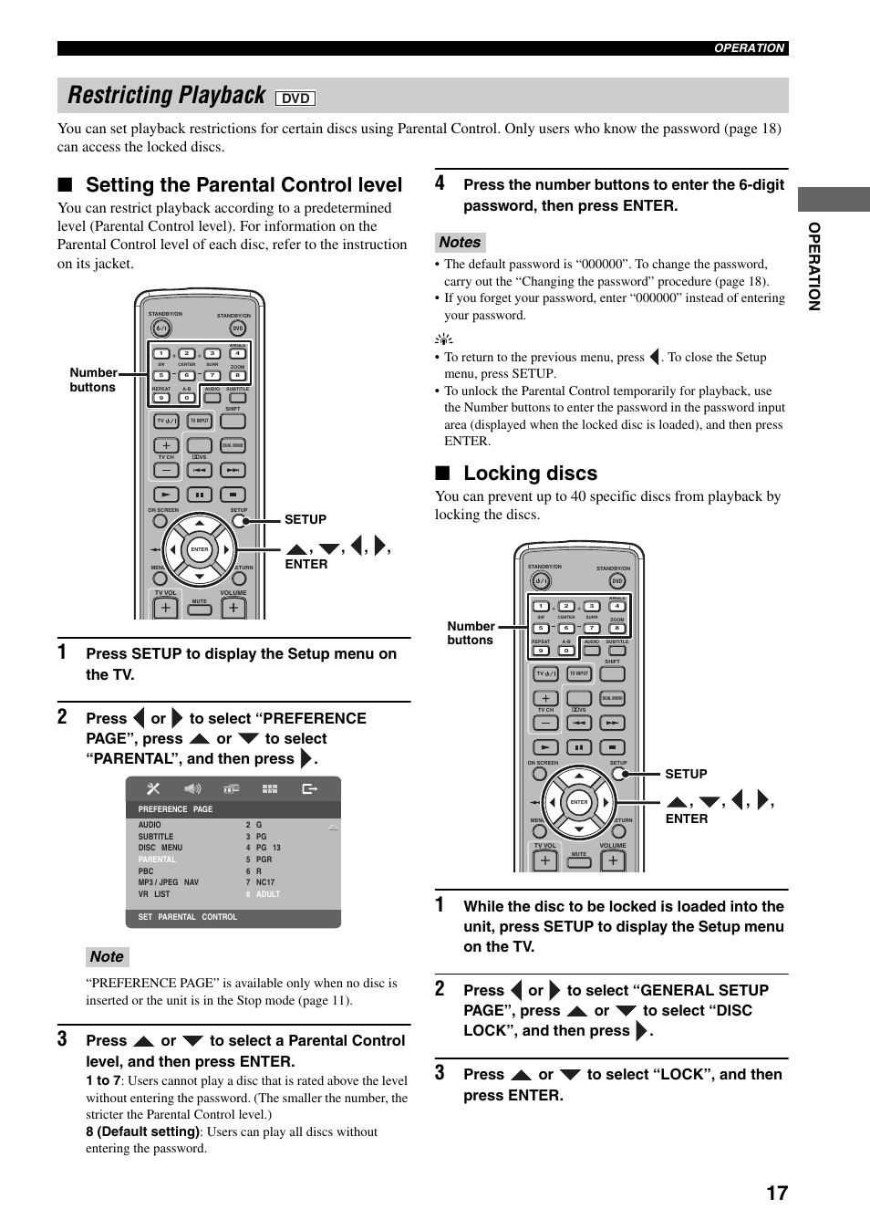 Restricting playback, Setting the parental control level, Locking discs | Setting the parental control level locking discs, Press setup to display the setup menu on the tv, Press or to select “lock”, and then press enter | Yamaha DVD-S30 User Manual | Page 21 / 35