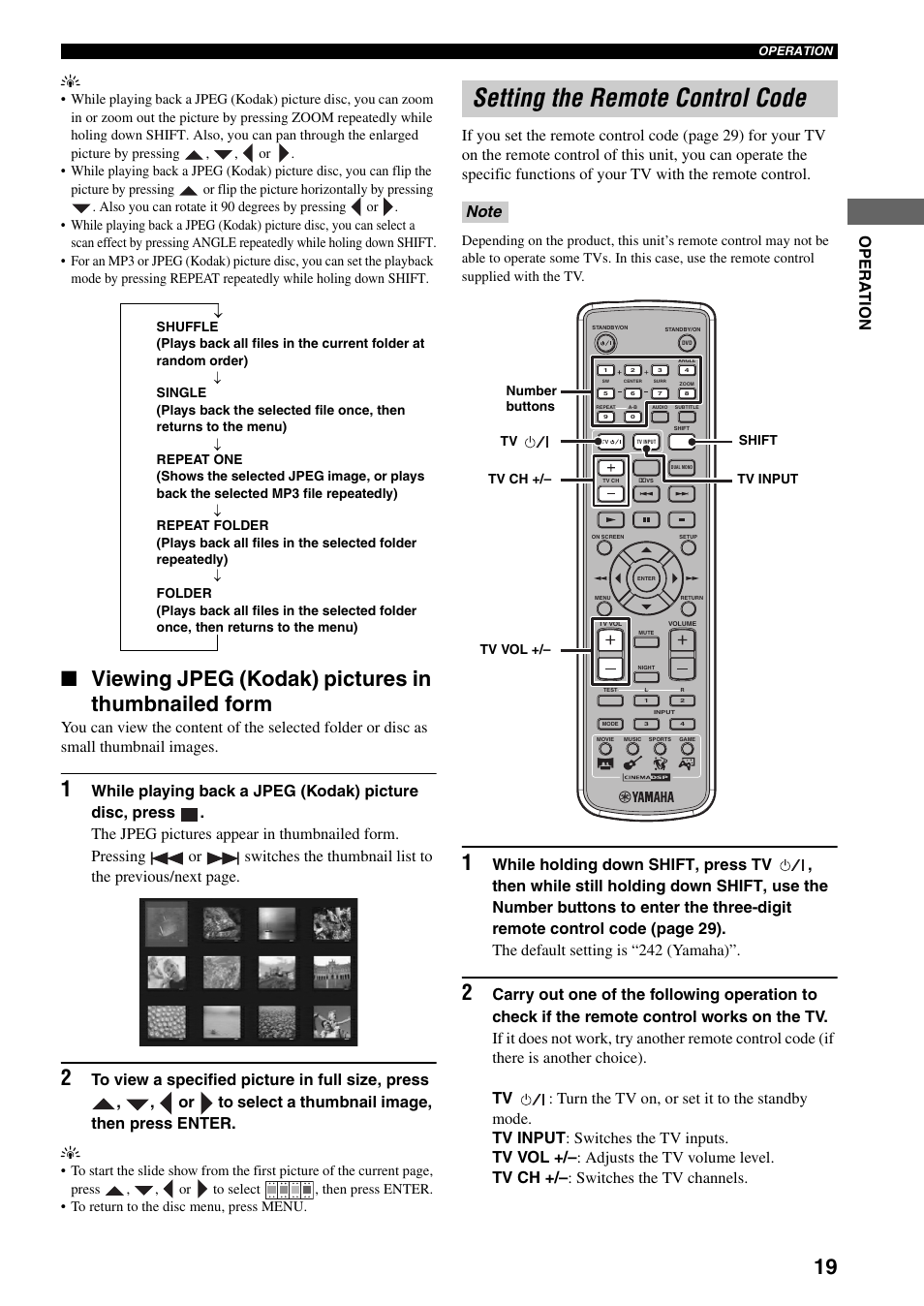 Viewing jpeg (kodak) pictures in thumbnailed form, Setting the remote control code, Opera t ion y | Yamaha DVD-S30 User Manual | Page 23 / 35