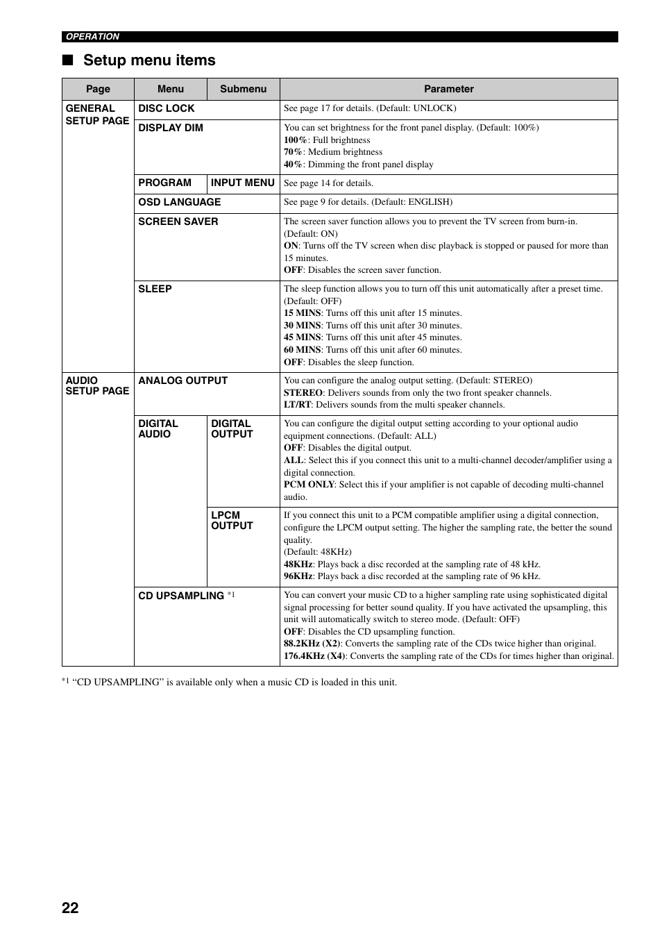 Setup menu items, 22 ■ setup menu items | Yamaha DVD-S30 User Manual | Page 26 / 35