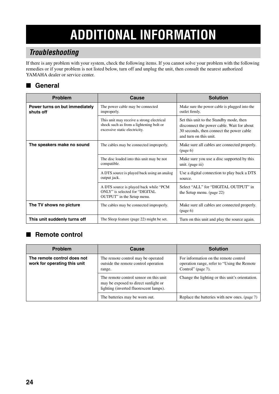 Troubleshooting, General, Remote control | General remote control, Additional information, General ■ remote control | Yamaha DVD-S30 User Manual | Page 28 / 35