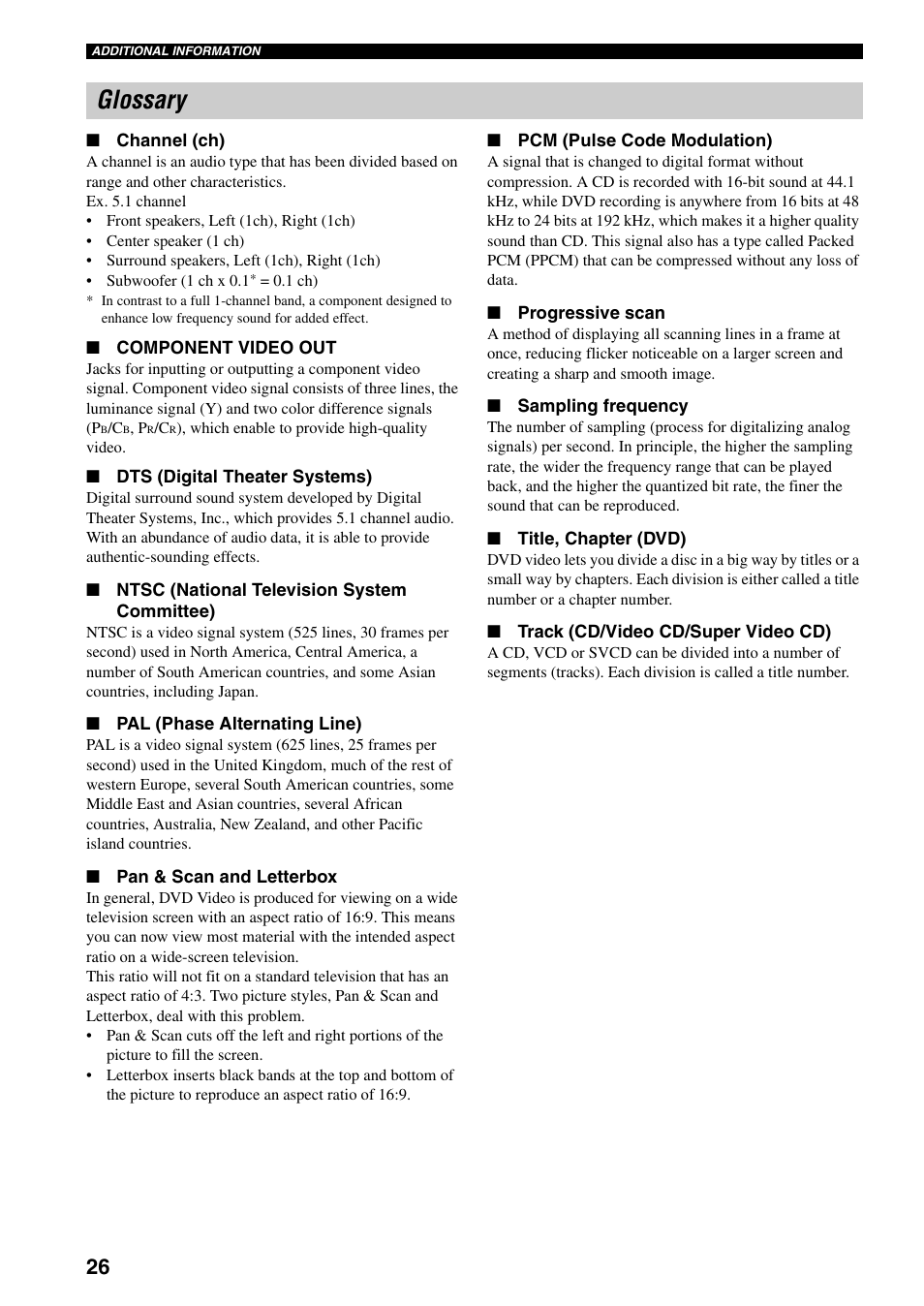 Glossary | Yamaha DVD-S30 User Manual | Page 30 / 35