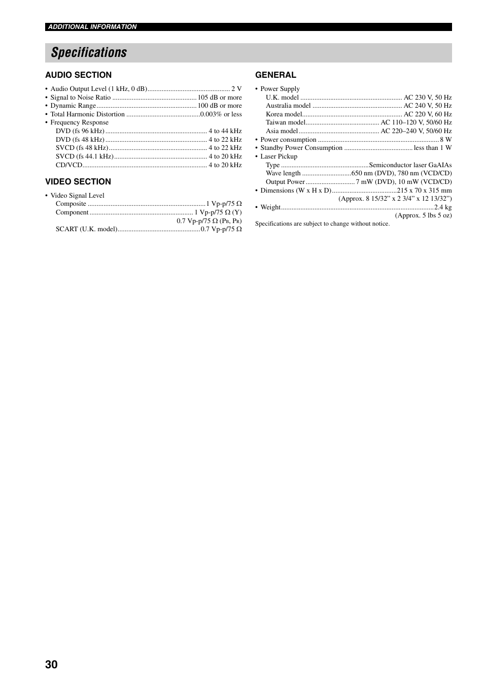 Specifications, Language codes | Yamaha DVD-S30 User Manual | Page 34 / 35