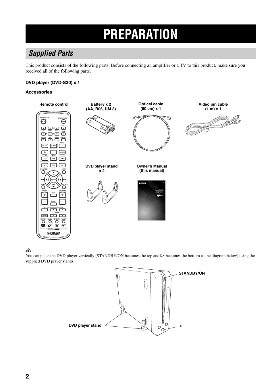 Supplied parts, Preparation, Dvd player (dvd-s30) x 1 accessories | Bavl | Yamaha DVD-S30 User Manual | Page 6 / 35