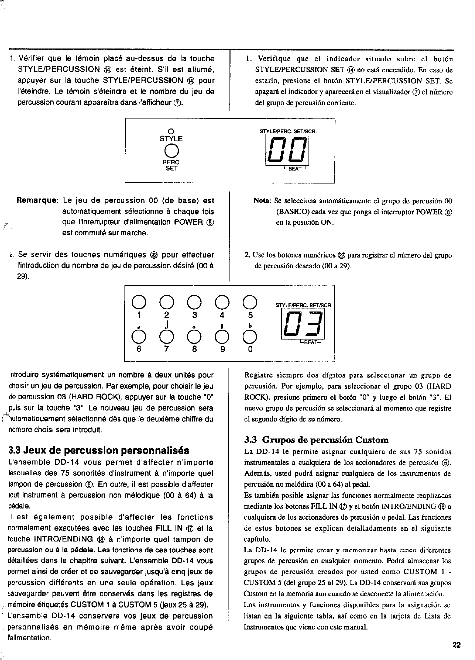 3 jeux de percussion personnalisés, 3 grupos de percusión custom | Yamaha DD-14 User Manual | Page 14 / 46