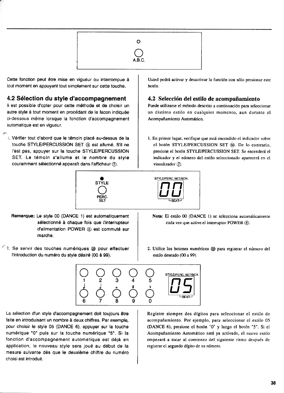 2 sélection du style d'accompagnement, 2 selección del estilo de acompañamiento | Yamaha DD-14 User Manual | Page 22 / 46