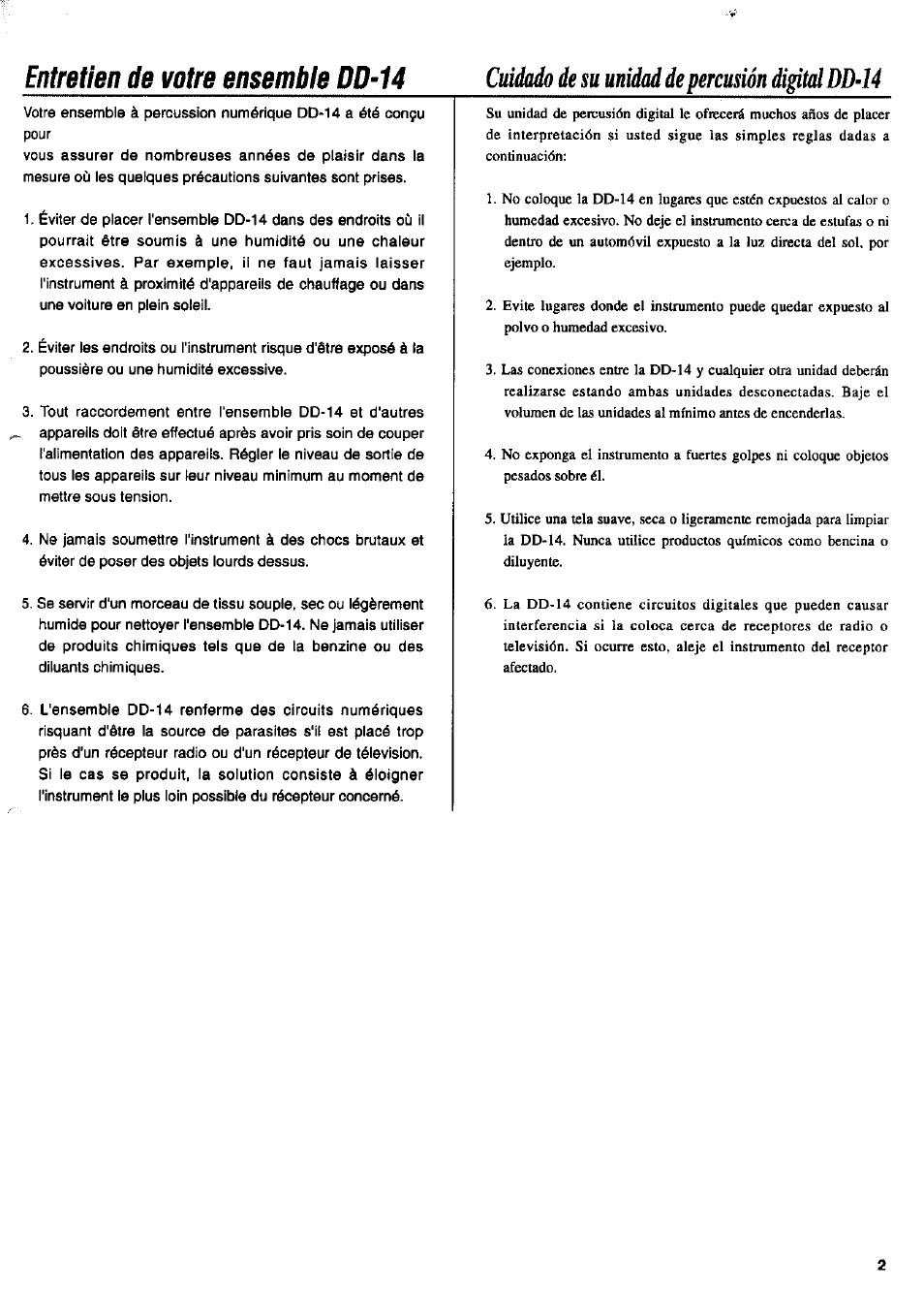 Cmdado de su unidad de percusión digital dd-14, Entretien de votre ensemble dd-14 | Yamaha DD-14 User Manual | Page 4 / 46
