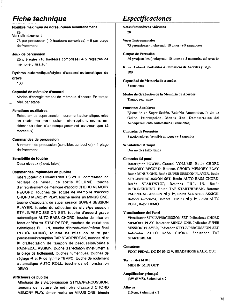 Especificaciones, Fiche technique | Yamaha DD-14 User Manual | Page 41 / 46