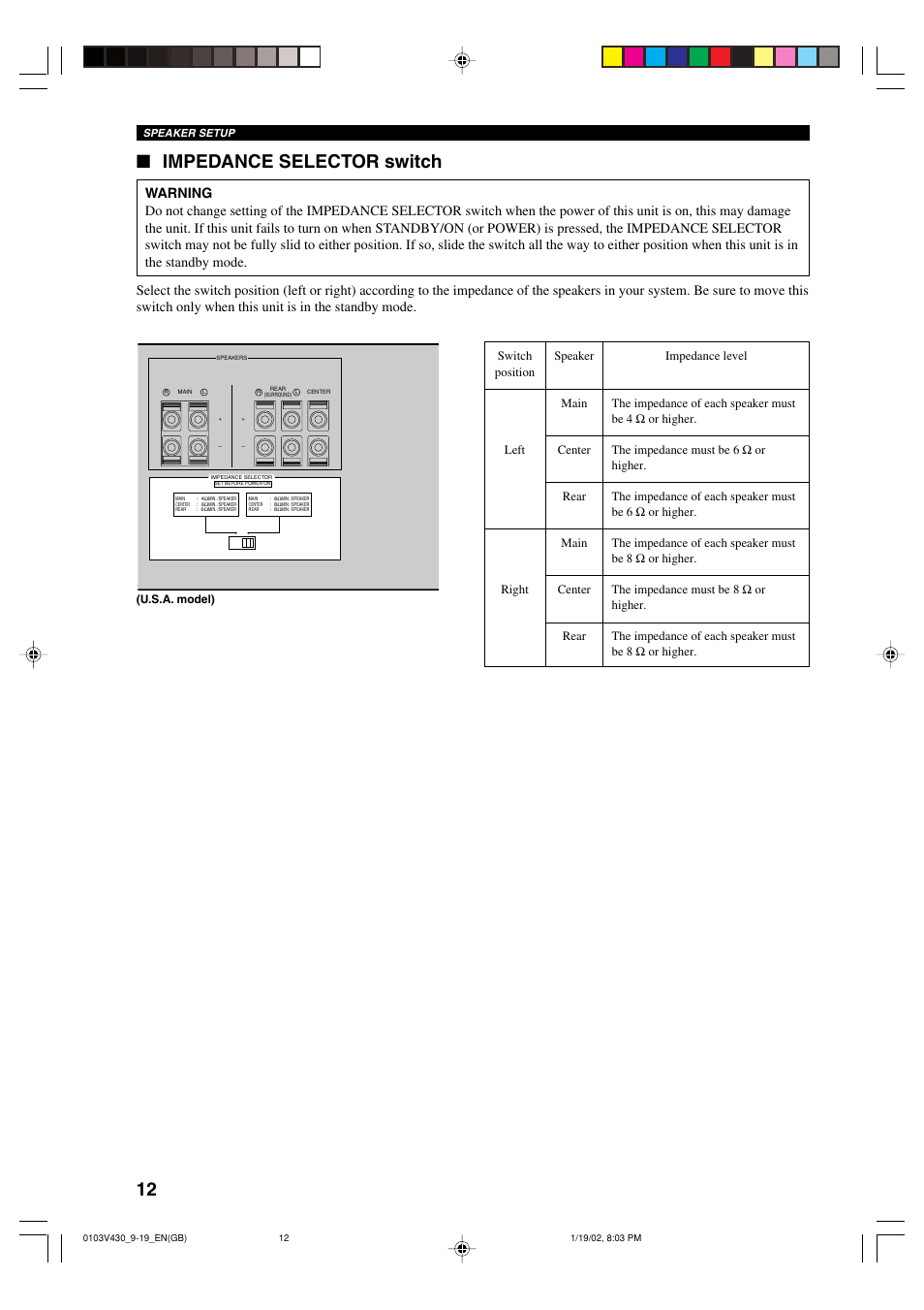 Impedance selector switch | Yamaha RX-V430RDS User Manual | Page 14 / 59