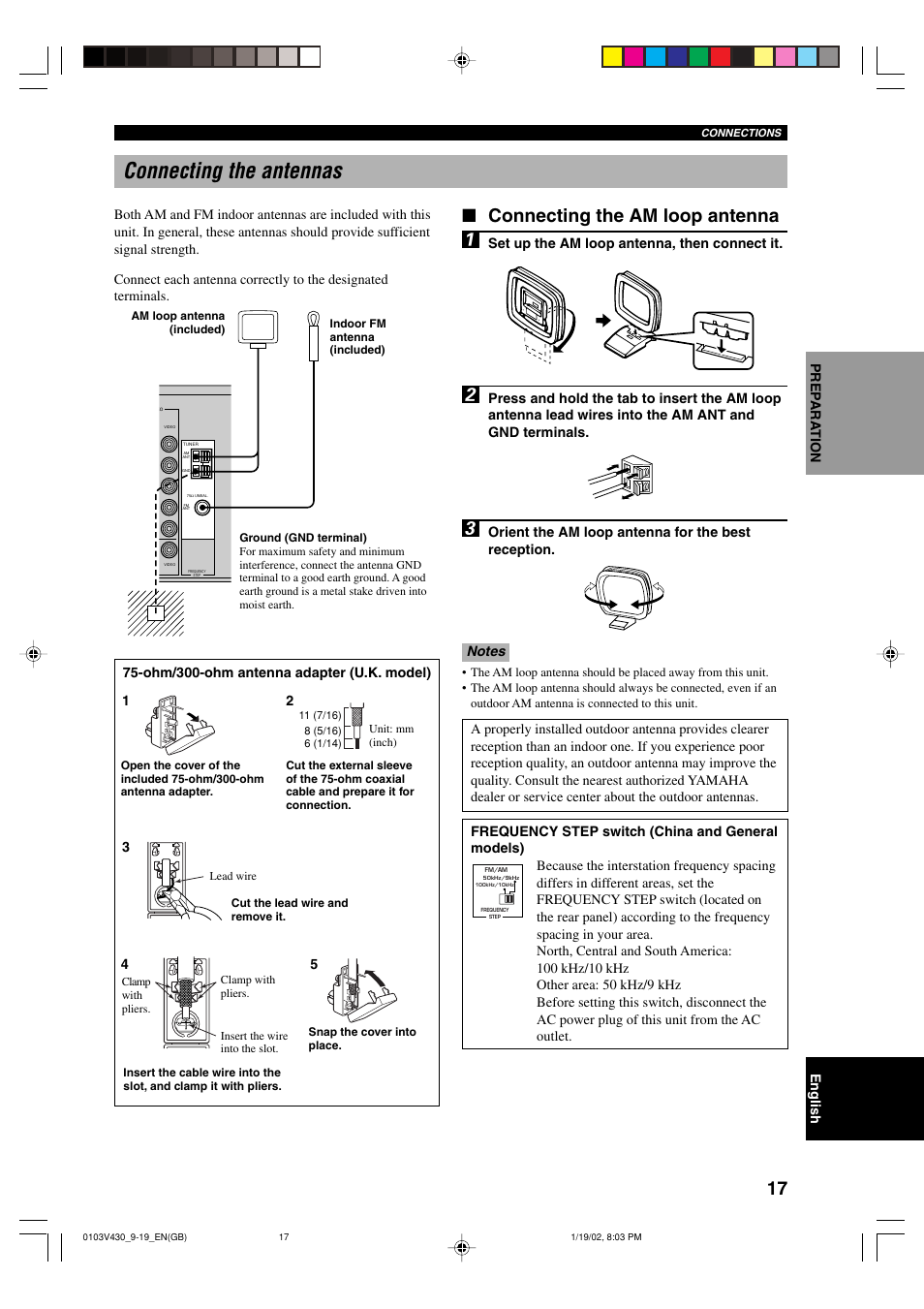 Connecting the antennas, Connecting the am loop antenna | Yamaha RX-V430RDS User Manual | Page 19 / 59