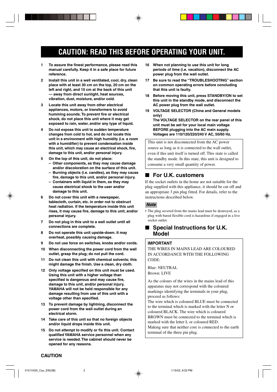 Caution: read this before operating your unit, For u.k. customers, Special instructions for u.k. model | Yamaha RX-V430RDS User Manual | Page 2 / 59