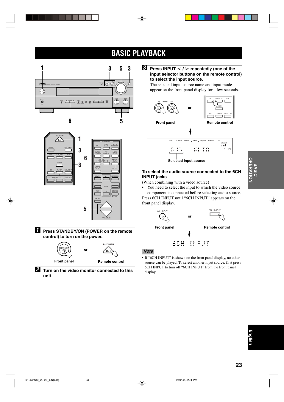 Basicoperation, Basic playback, Turn on the video monitor connected to this unit | Yamaha RX-V430RDS User Manual | Page 25 / 59