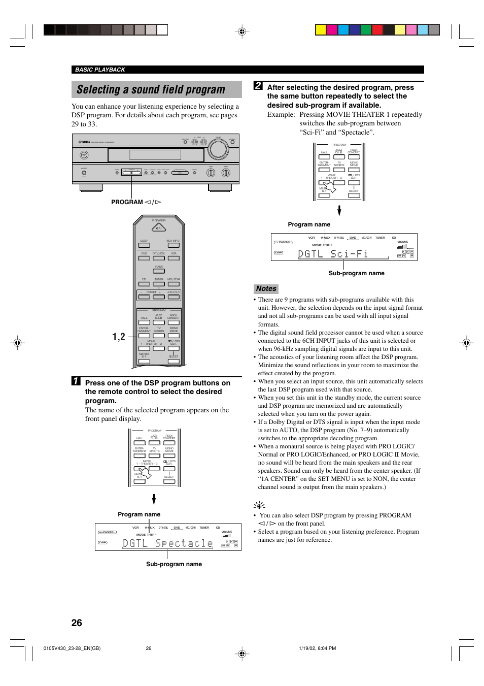 Selecting a sound field program, Program l / h, Sub-program name program name | Program name sub-program name | Yamaha RX-V430RDS User Manual | Page 28 / 59
