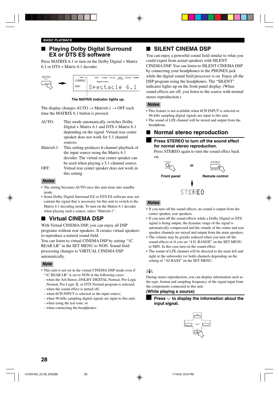 Virtual cinema dsp, Silent cinema dsp, Normal stereo reproduction | Yamaha RX-V430RDS User Manual | Page 30 / 59